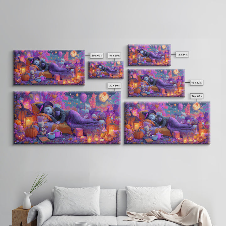 The Festival Of Friendly Frights, 80s Halloween Wall Art, Wide Panoramic Art, Framed Canvas Print, Retro Halloween Decor, Neon Wall Art