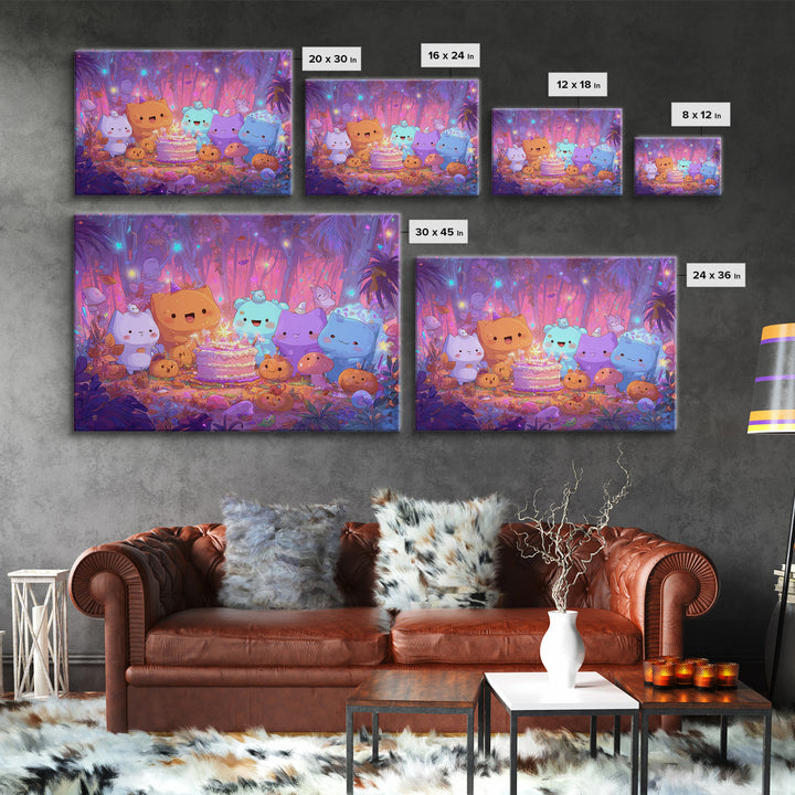 October'S Birthday Party, Cute Spooky Neon Art, Landscape Wall Art, Framed Canvas Print, Retro Halloween Decor, Neon Wall Art