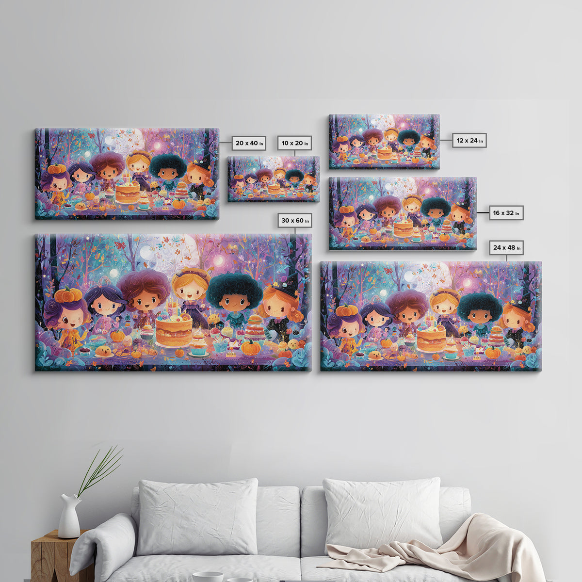 October'S Birthday Party, Vaporwave Halloween Decor, Wide Panoramic Art, Framed Canvas Print, Retro Halloween Decor, Neon Wall Art