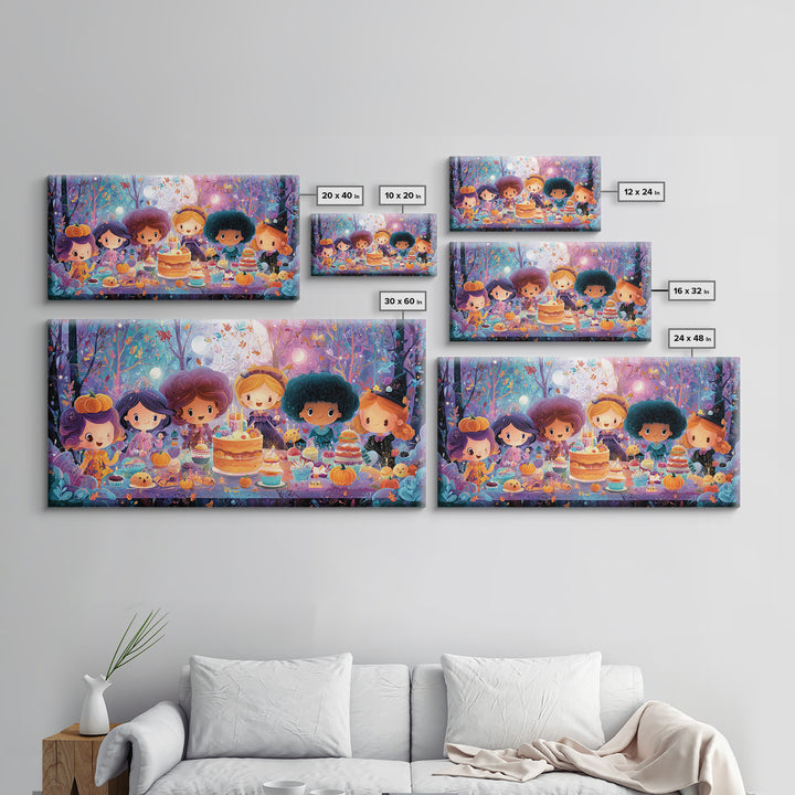 October'S Birthday Party, Vaporwave Halloween Decor, Wide Panoramic Art, Framed Canvas Print, Retro Halloween Decor, Neon Wall Art
