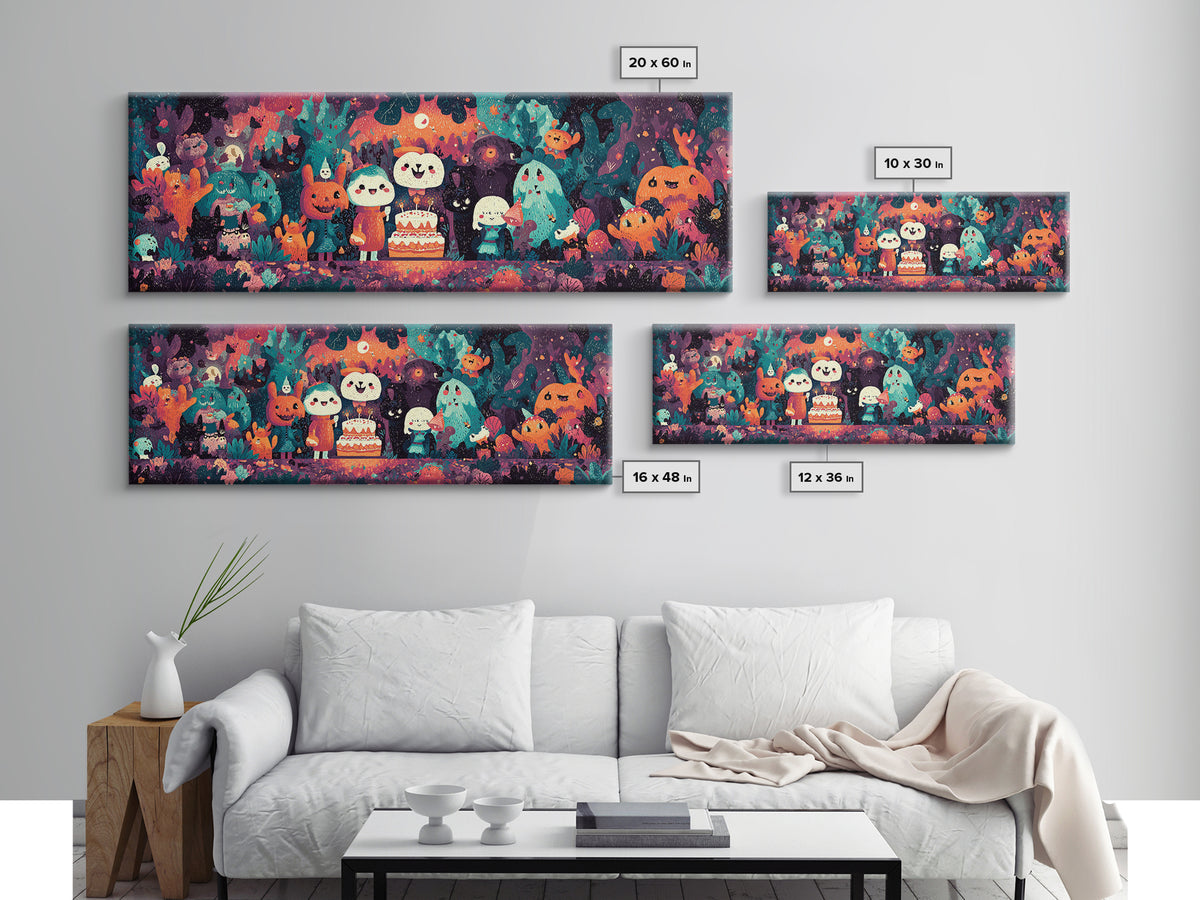 October'S Birthday Party, Vaporwave Halloween Decor, Extra Wide Wall Art, Canvas Print, Retro Halloween Decor, Neon Wall Art