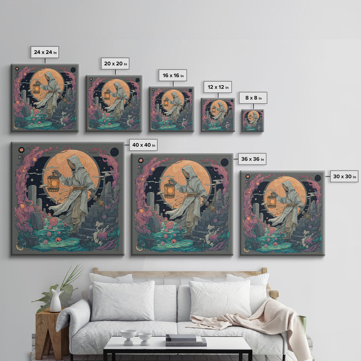 The Lantern-Bearer Of R’Lyeh, Vaporwave Halloween Decor, Square Wall Art, Framed Canvas Print, Retro Halloween Decor, Neon Wall Art