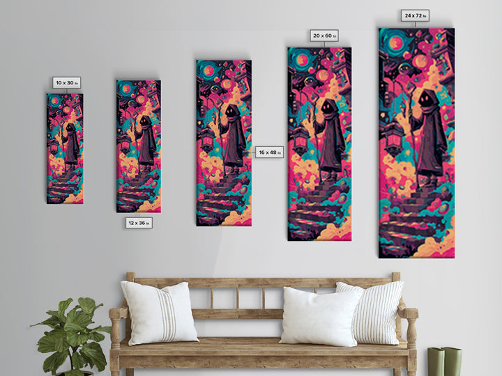 The Lantern-Bearer Of R’Lyeh, Retro Neon Halloween Art, Tall Narrow Wall Art, Canvas Print, Retro Halloween Decor, Neon Wall Art