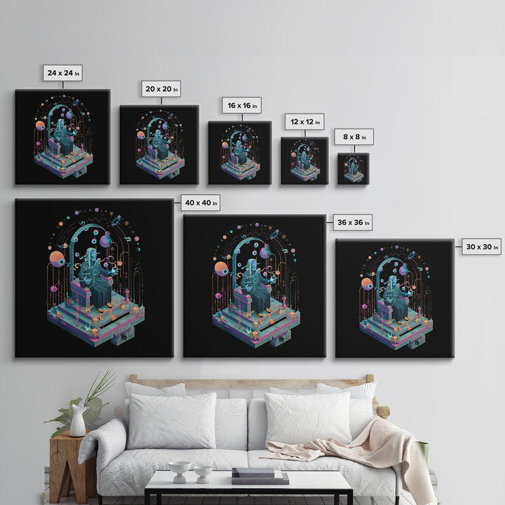The Dreaming Priest Of The Outer Gate, Cosmic Synthwave Horror, Square Wall Art, Framed Canvas Print, Retro Halloween Decor, Neon Wall Art