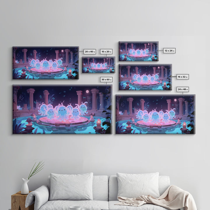 The Choir Of Deepwater Acolytes, Cute Spooky Neon Art, Wide Panoramic Art, Canvas Print, Retro Halloween Decor, Neon Wall Art
