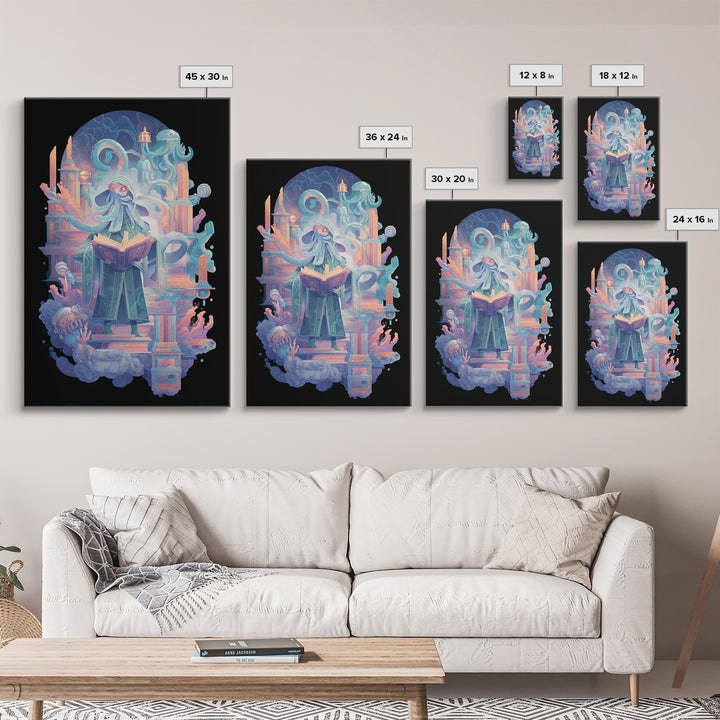 The Librarian Of Forbidden Tides, Retro Neon Halloween Art, Vertical Wall Art, Framed Canvas Print, Retro Halloween Decor, Neon Wall Art