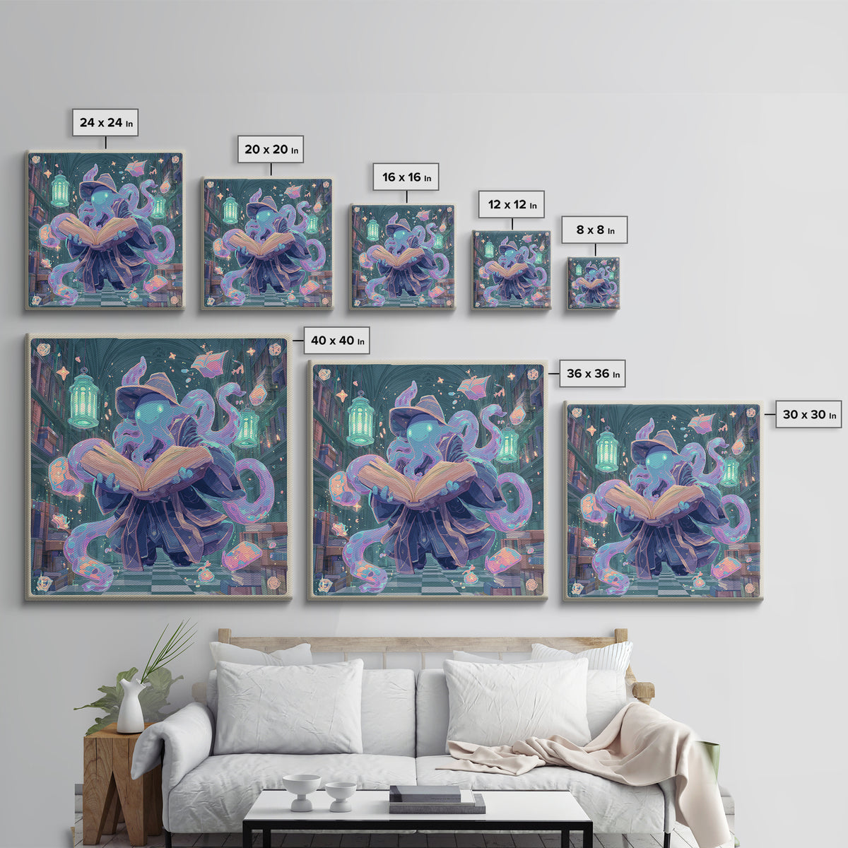 The Librarian Of Forbidden Tides, Cute Spooky Neon Art, Square Wall Art, Canvas Print, Retro Halloween Decor, Neon Wall Art