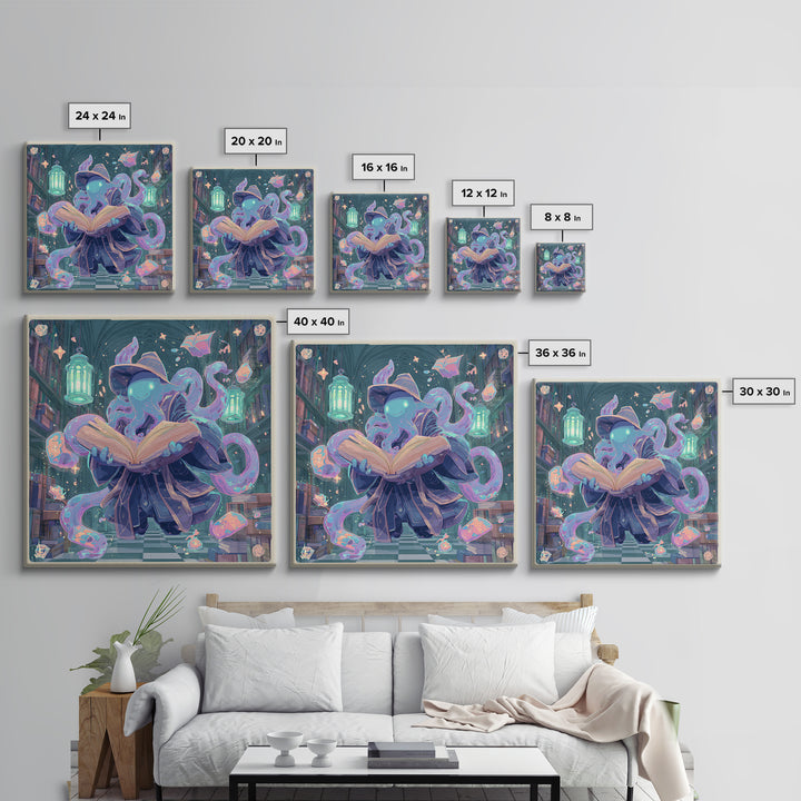 The Librarian Of Forbidden Tides, Cute Spooky Neon Art, Square Wall Art, Canvas Print, Retro Halloween Decor, Neon Wall Art