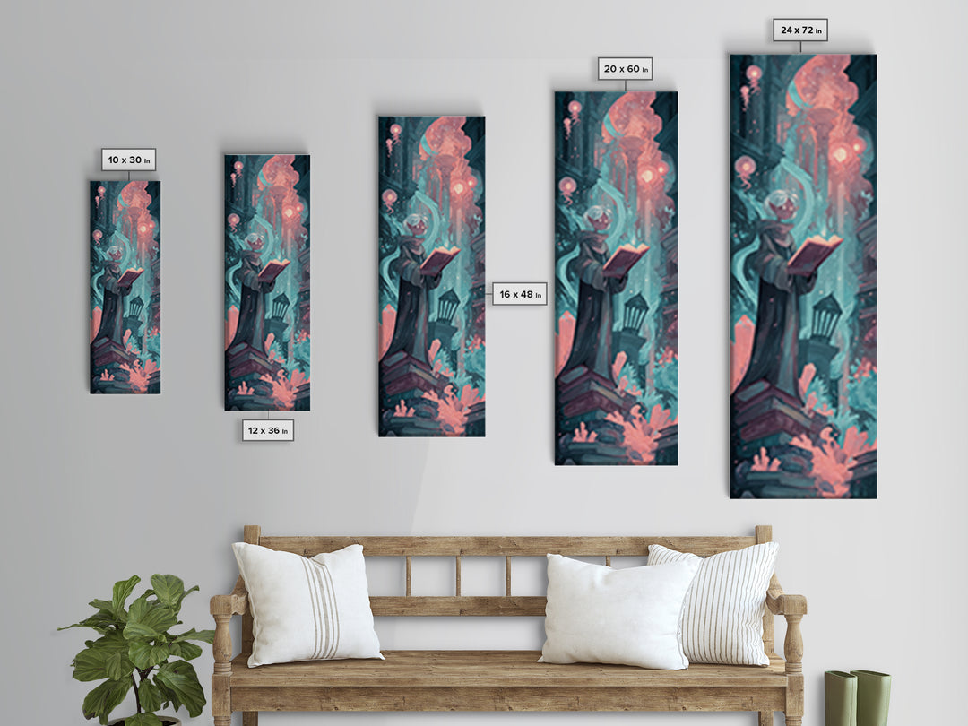 The Librarian Of Forbidden Tides, Cosmic Synthwave Horror, Tall Narrow Wall Art, Canvas Print, Retro Halloween Decor, Neon Wall Art