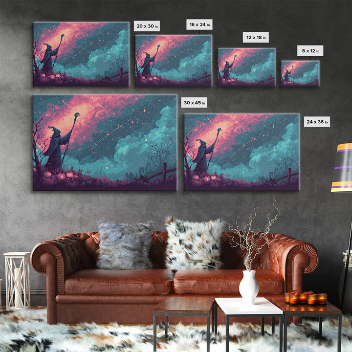 The Star-Seer Of Black Dunwich, Cute Spooky Neon Art, Landscape Wall Art, Framed Canvas Print, Retro Halloween Decor, Neon Wall Art