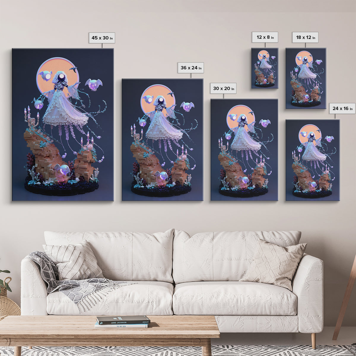 The Bride Of The Abyssal Moon, Cute Eldritch Neon Art, Vertical Wall Art, Framed Canvas Print, Retro Halloween Decor, Neon Wall Art