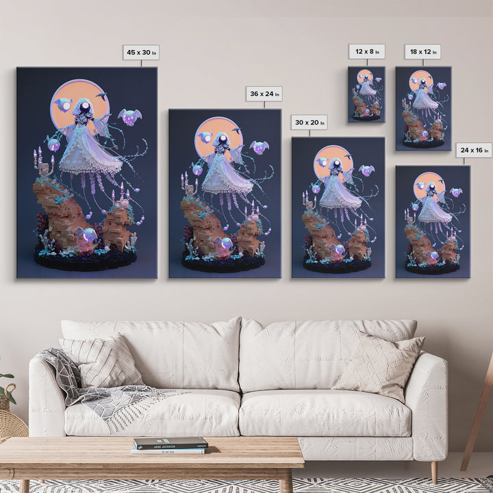 The Bride Of The Abyssal Moon, Cute Eldritch Neon Art, Vertical Wall Art, Framed Canvas Print, Retro Halloween Decor, Neon Wall Art