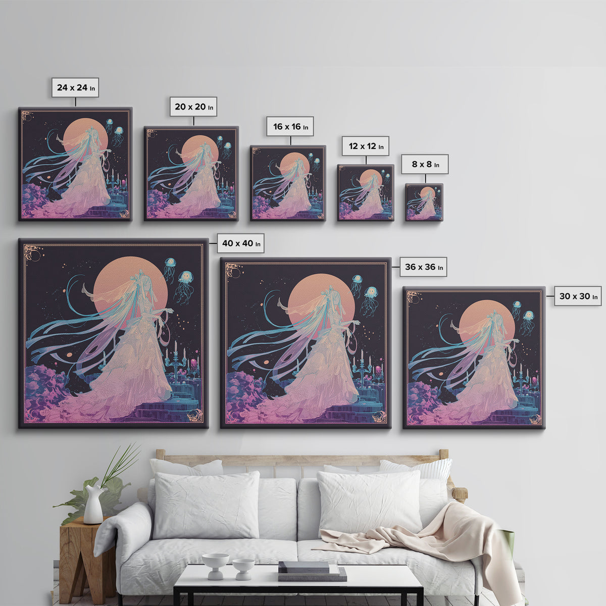 The Bride Of The Abyssal Moon, Cute Eldritch Neon Art, Square Wall Art, Framed Canvas Print, Retro Halloween Decor, Neon Wall Art