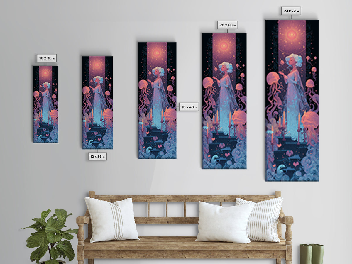 The Bride Of The Abyssal Moon, Cosmic Synthwave Horror, Tall Narrow Wall Art, Canvas Print, Retro Halloween Decor, Neon Wall Art