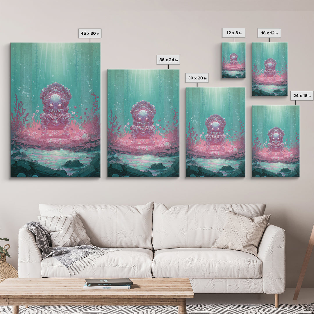 The Watcher In The Coral Throne, Retro Neon Halloween Art, Vertical Wall Art, Canvas Print, Retro Halloween Decor, Neon Wall Art