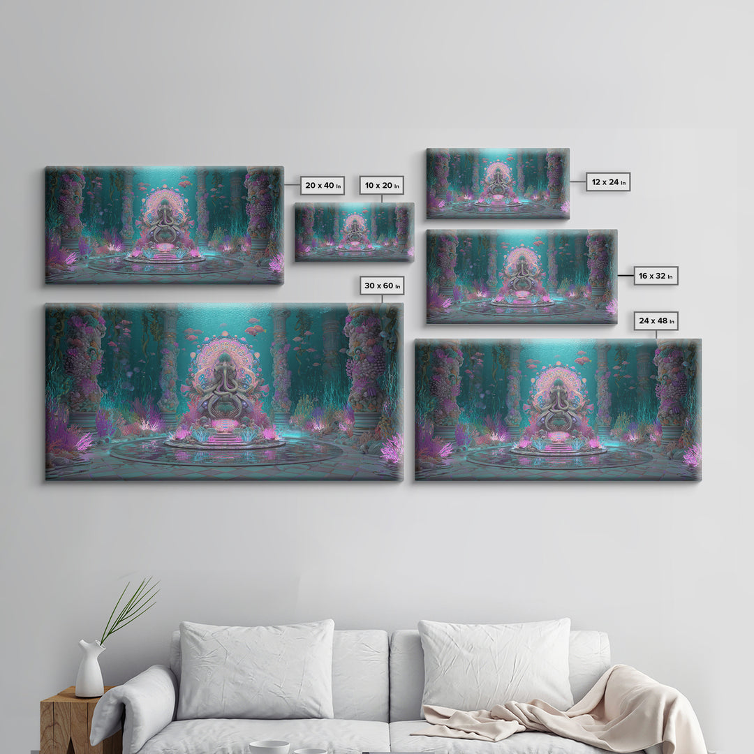 The Watcher In The Coral Throne, Vaporwave Halloween Decor, Wide Panoramic Art, Framed Canvas Print, Retro Halloween Decor, Neon Wall Art
