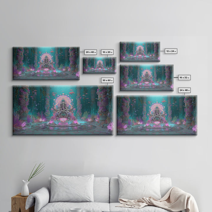 The Watcher In The Coral Throne, Vaporwave Halloween Decor, Wide Panoramic Art, Framed Canvas Print, Retro Halloween Decor, Neon Wall Art
