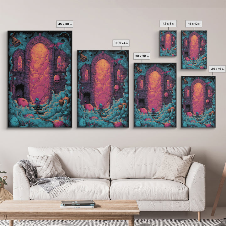 The Bellringer Of The Sunken Cathedral, Cute Eldritch Neon Art, Vertical Wall Art, Canvas Print, Retro Halloween Decor, Neon Wall Art