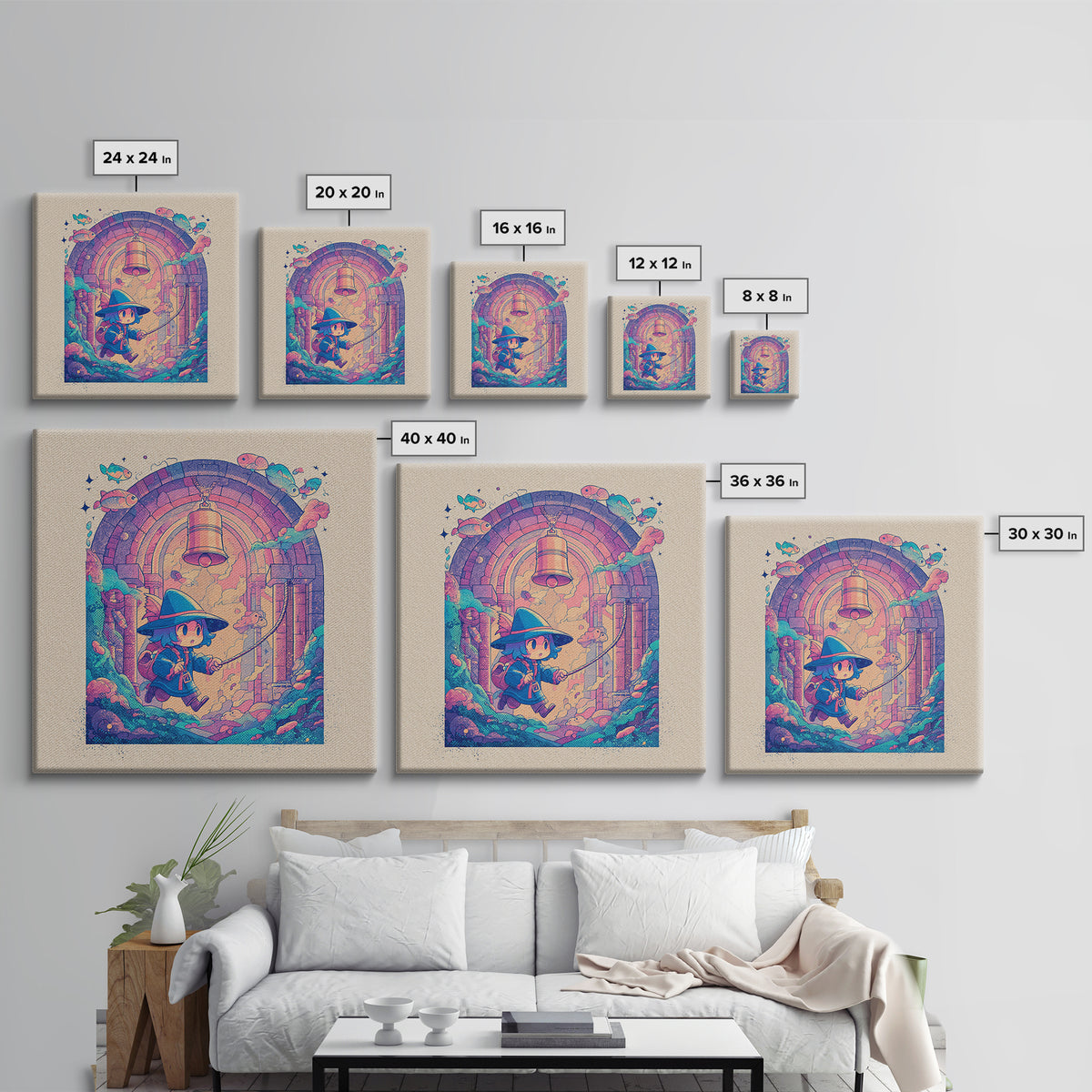 The Bellringer Of The Sunken Cathedral, Cosmic Synthwave Horror, Square Wall Art, Framed Canvas Print, Retro Halloween Decor, Neon Wall Art