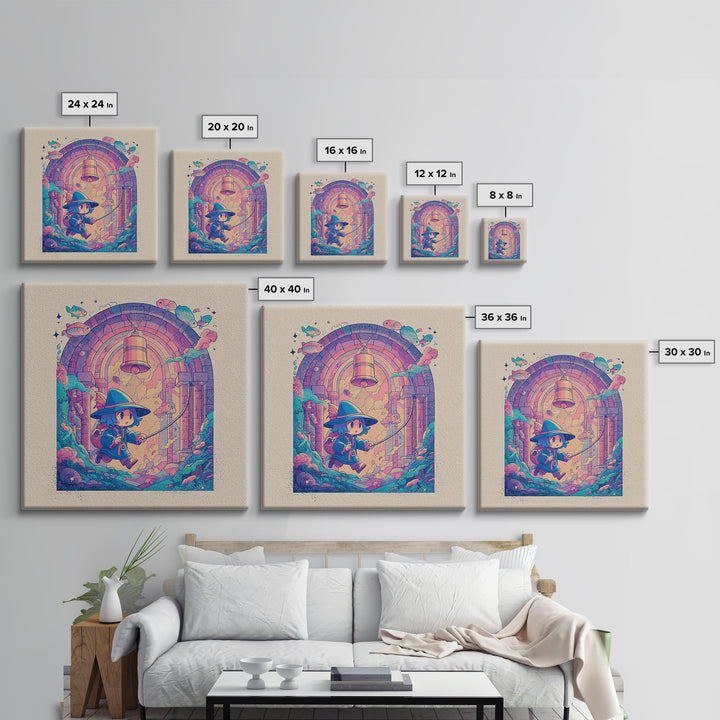 The Bellringer Of The Sunken Cathedral, Cosmic Synthwave Horror, Square Wall Art, Framed Canvas Print, Retro Halloween Decor, Neon Wall Art