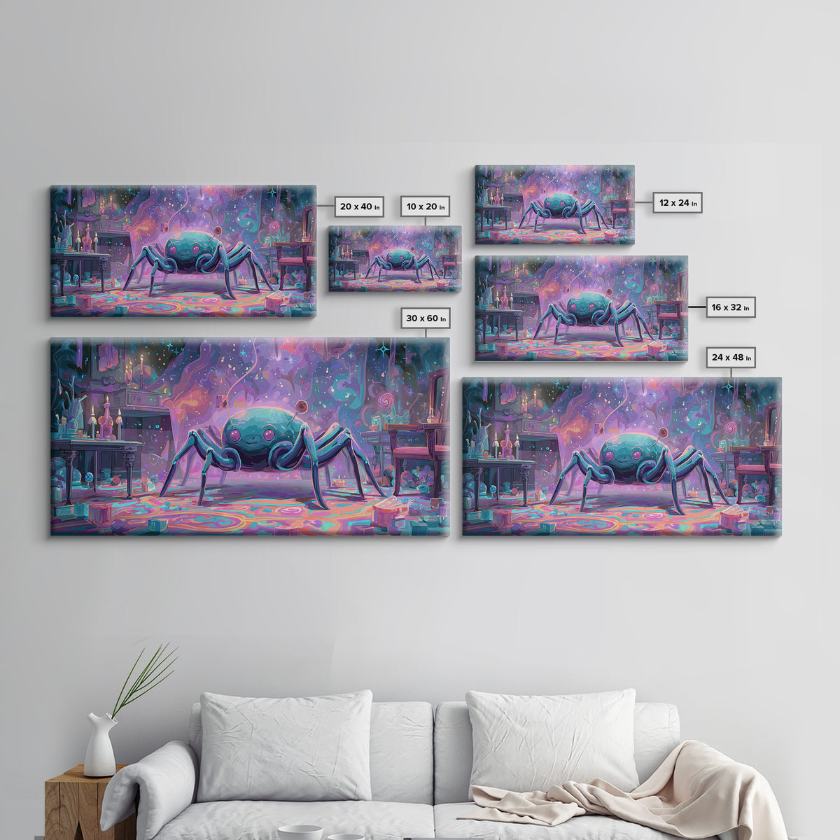 The Crawler Beneath The Floor Of Stars, Retro Neon Halloween Art, Wide Panoramic Art, Framed Canvas Print, Retro Halloween Decor
