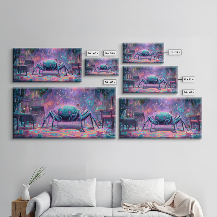 The Crawler Beneath The Floor Of Stars, Retro Neon Halloween Art, Wide Panoramic Art, Framed Canvas Print, Retro Halloween Decor