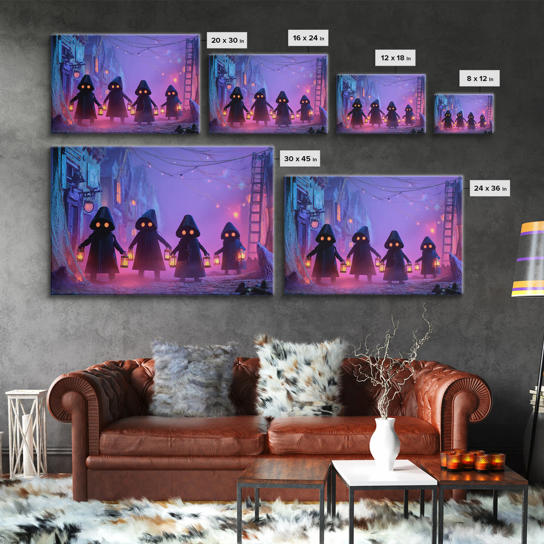 The Innsmouth Lantern Procession, Synthwave Halloween Art, Landscape Wall Art, Framed Canvas Print, Retro Halloween Decor, Neon Wall Art