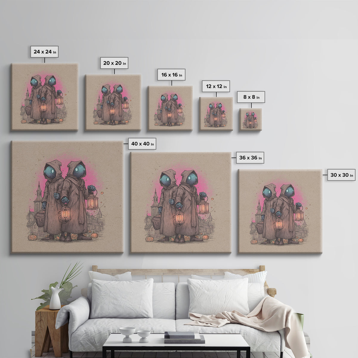 The Innsmouth Lantern Procession, 80s Halloween Wall Art, Square Wall Art, Canvas Print, Retro Halloween Decor, Neon Wall Art