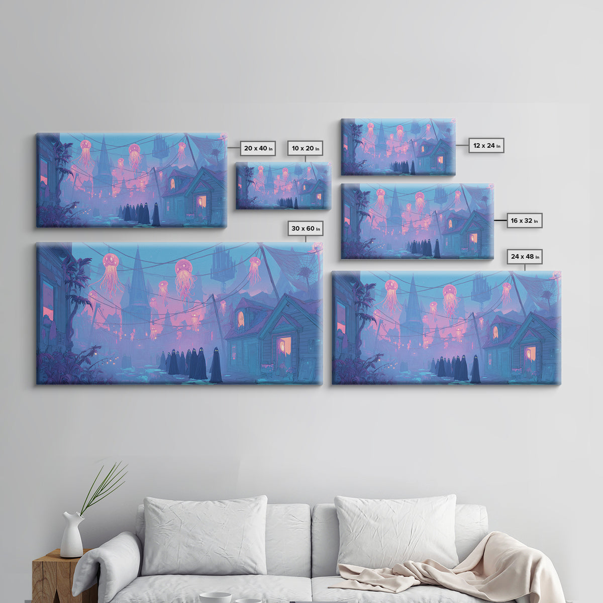 The Innsmouth Lantern Procession, Cute Eldritch Neon Art, Wide Panoramic Art, Framed Canvas Print, Retro Halloween Decor, Neon Wall Art