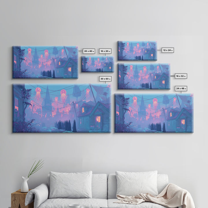 The Innsmouth Lantern Procession, Cute Eldritch Neon Art, Wide Panoramic Art, Framed Canvas Print, Retro Halloween Decor, Neon Wall Art