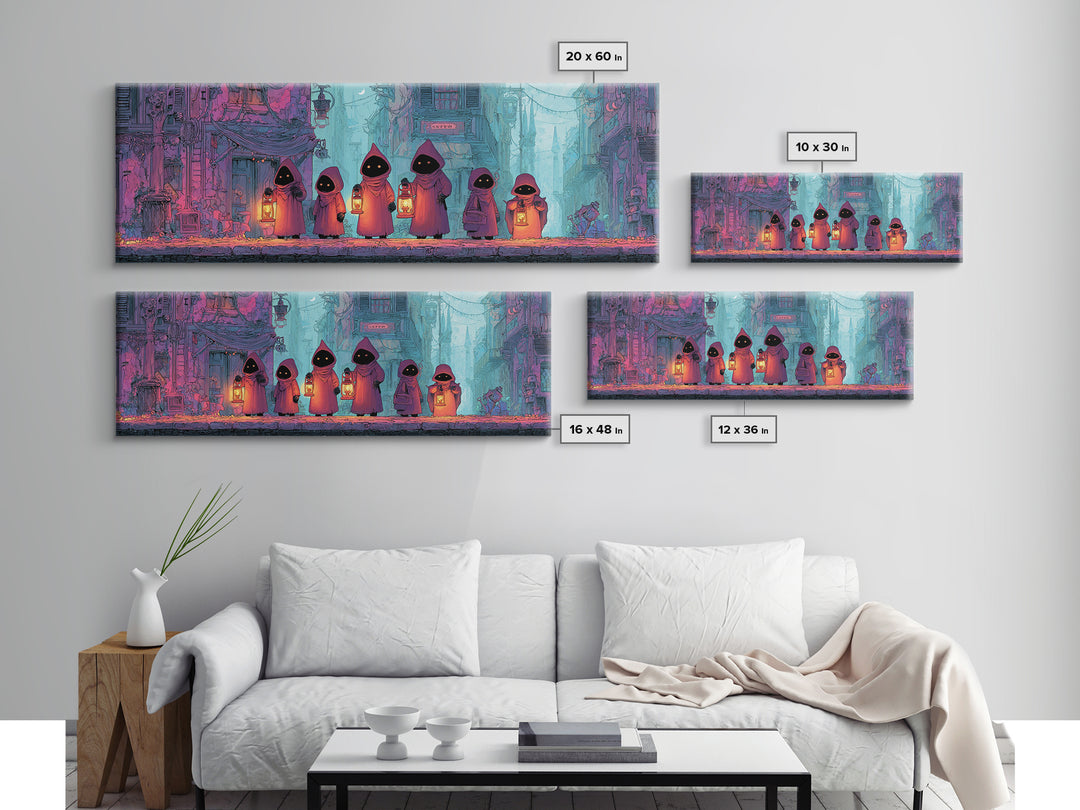 The Innsmouth Lantern Procession, Retro Neon Halloween Art, Extra Wide Wall Art, Framed Canvas Print, Retro Halloween Decor, Neon Wall Art