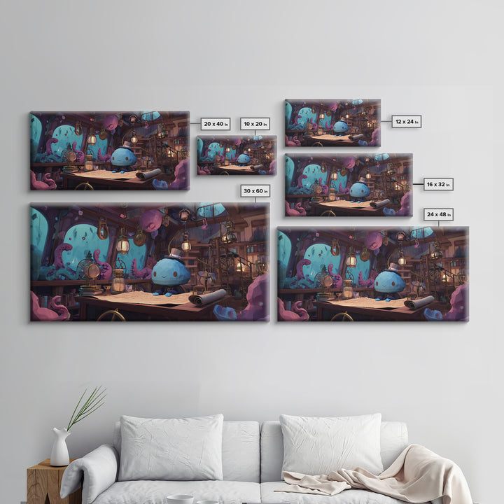 The Mapmaker Of Impossible Shores, Cosmic Synthwave Horror, Wide Panoramic Art, Framed Canvas Print, Retro Halloween Decor, Neon Wall Art