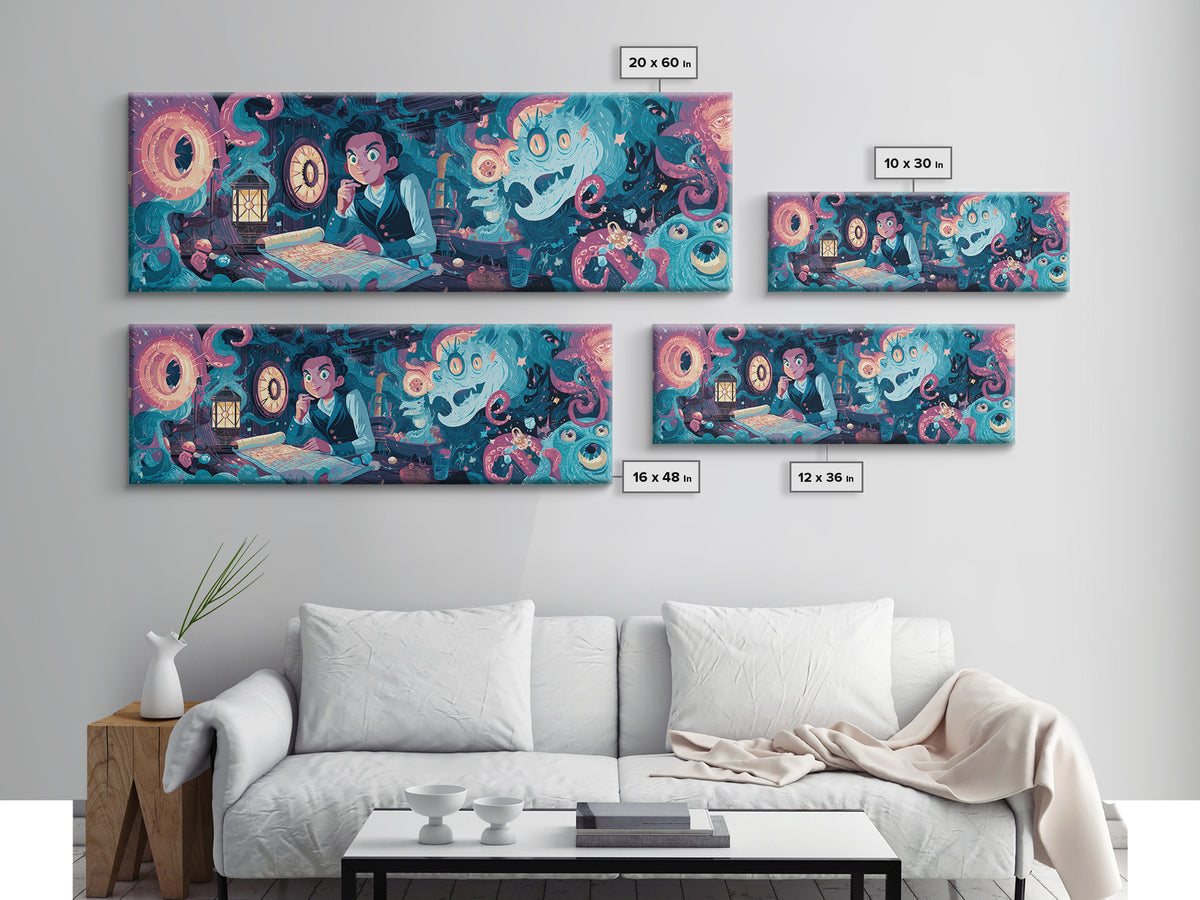 The Mapmaker Of Impossible Shores, Cosmic Synthwave Horror, Extra Wide Wall Art, Canvas Print, Retro Halloween Decor, Neon Wall Art
