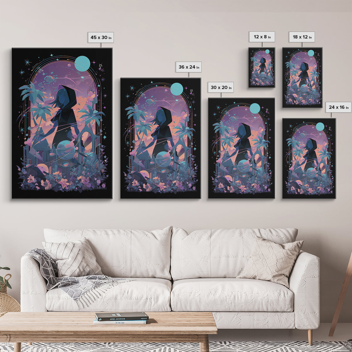 The Widow Of The Whispering Comet, Cosmic Synthwave Horror, Vertical Wall Art, Canvas Print, Retro Halloween Decor, Neon Wall Art