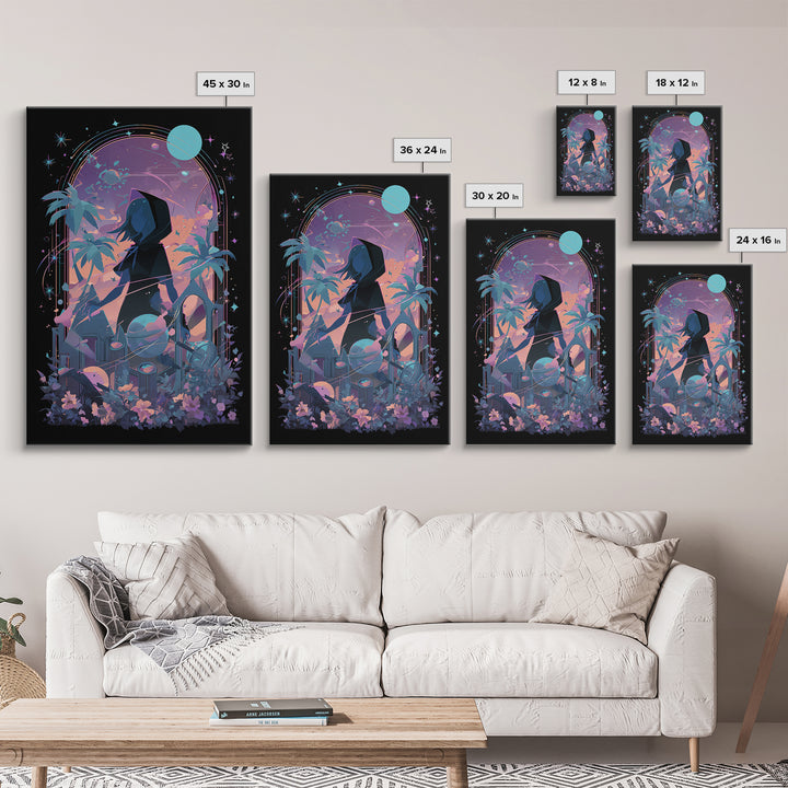 The Widow Of The Whispering Comet, Cosmic Synthwave Horror, Vertical Wall Art, Canvas Print, Retro Halloween Decor, Neon Wall Art