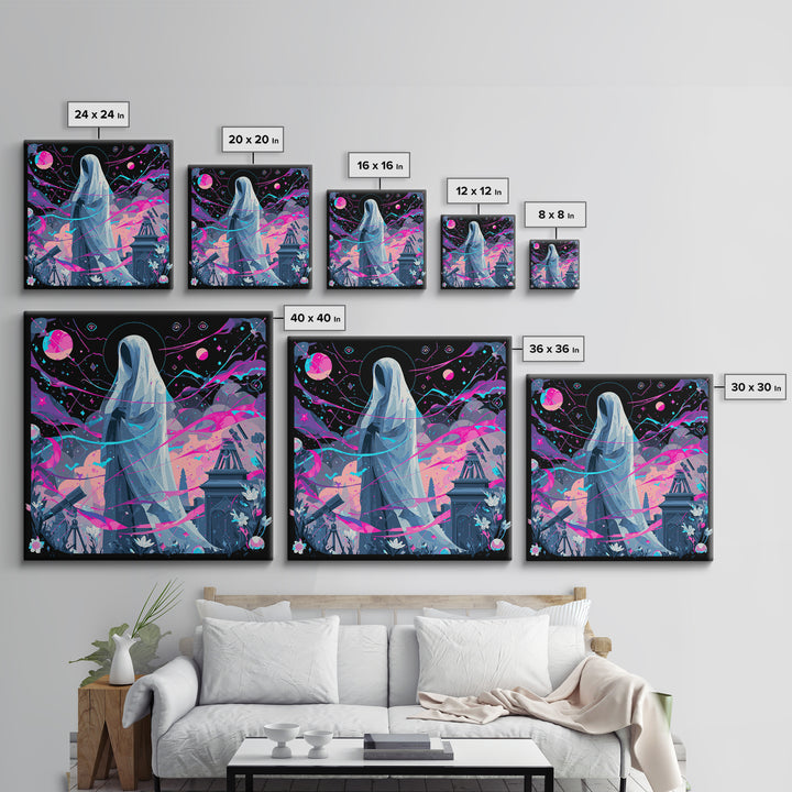 The Widow Of The Whispering Comet, Synthwave Halloween Art, Square Wall Art, Framed Canvas Print, Retro Halloween Decor, Neon Wall Art