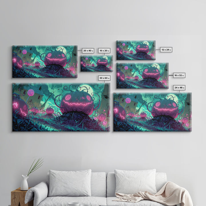 The Harvest Of The Eldritch Field, 80s Halloween Wall Art, Wide Panoramic Art, Canvas Print, Retro Halloween Decor, Neon Wall Art