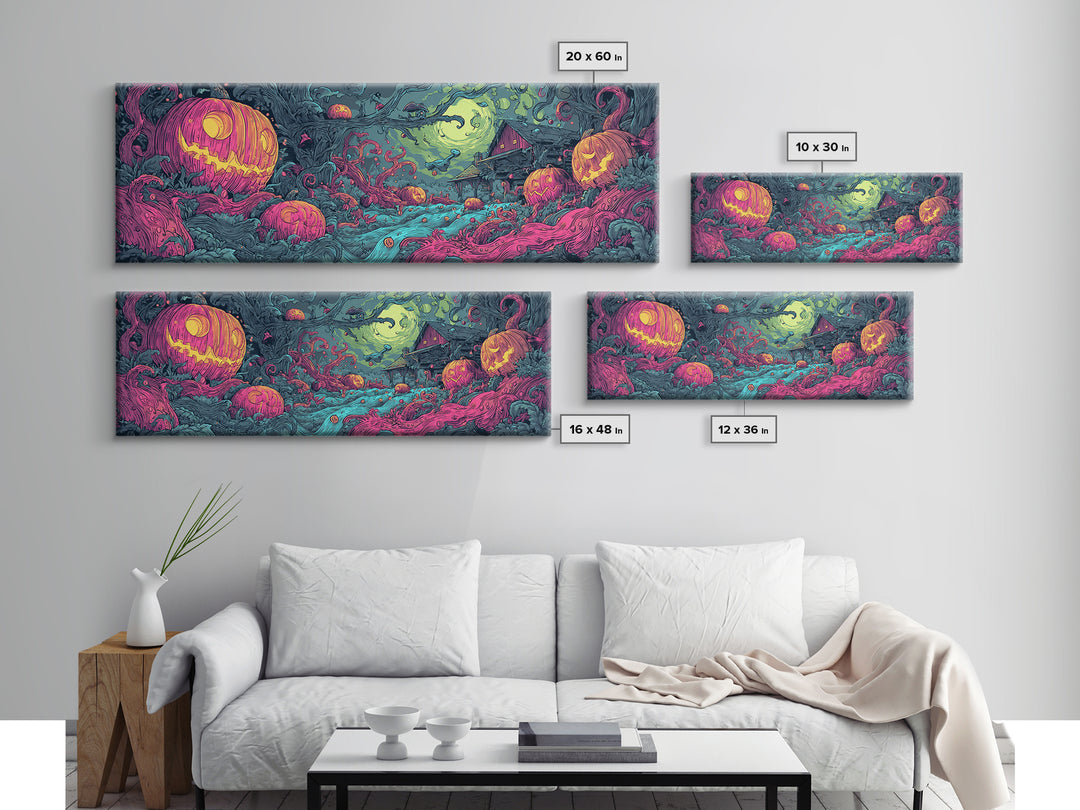 The Harvest Of The Eldritch Field, Cosmic Synthwave Horror, Extra Wide Wall Art, Canvas Print, Retro Halloween Decor, Neon Wall Art