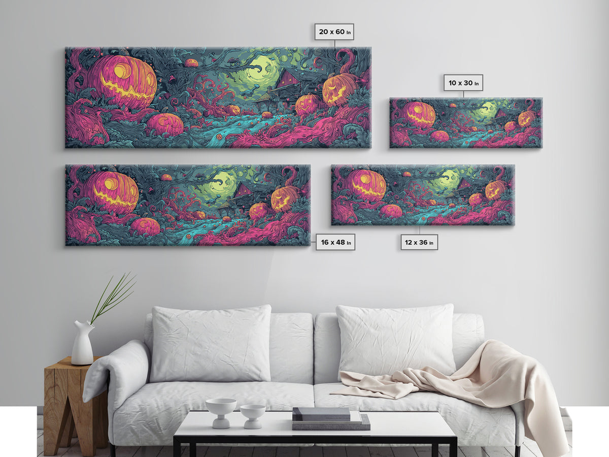 The Harvest Of The Eldritch Field, Cosmic Synthwave Horror, Extra Wide Wall Art, Canvas Print, Retro Halloween Decor, Neon Wall Art