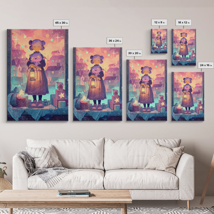 The Child Who Caught A Moon-Spawn, Vaporwave Halloween Decor, Vertical Wall Art, Framed Canvas Print, Retro Halloween Decor, Neon Wall Art