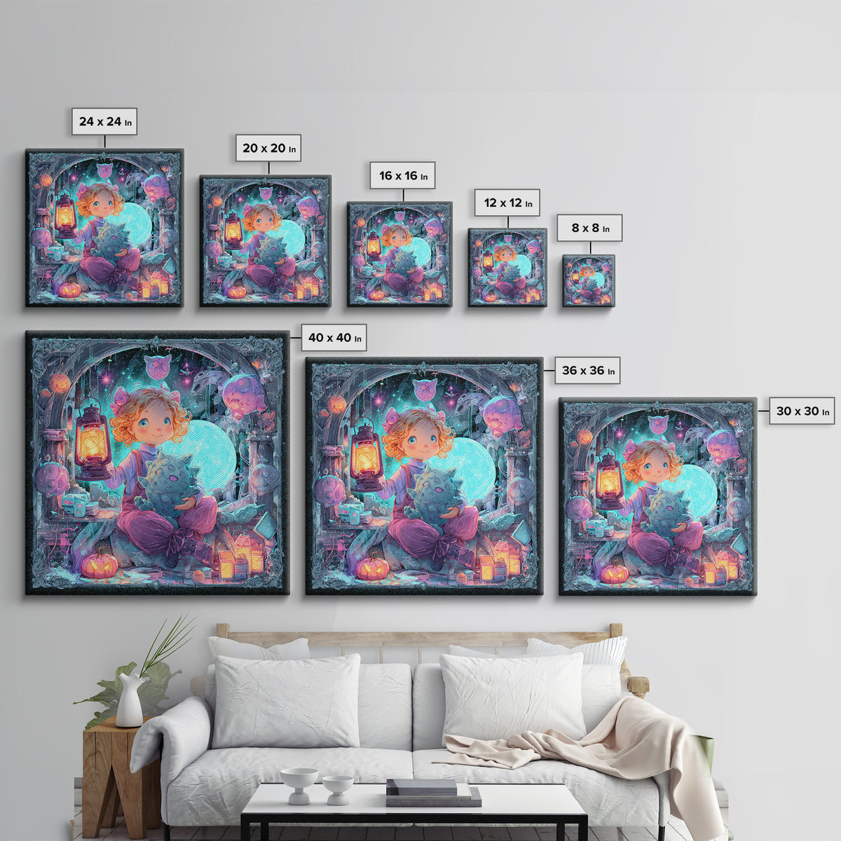 The Child Who Caught A Moon-Spawn, Vaporwave Halloween Decor, Square Wall Art, Canvas Print, Retro Halloween Decor, Neon Wall Art