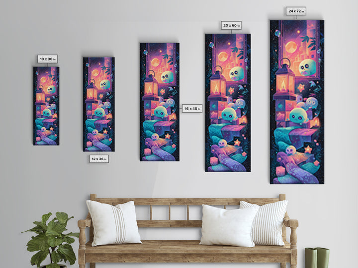 The Child Who Caught A Moon-Spawn, Synthwave Halloween Art, Tall Narrow Wall Art, Canvas Print, Retro Halloween Decor, Neon Wall Art