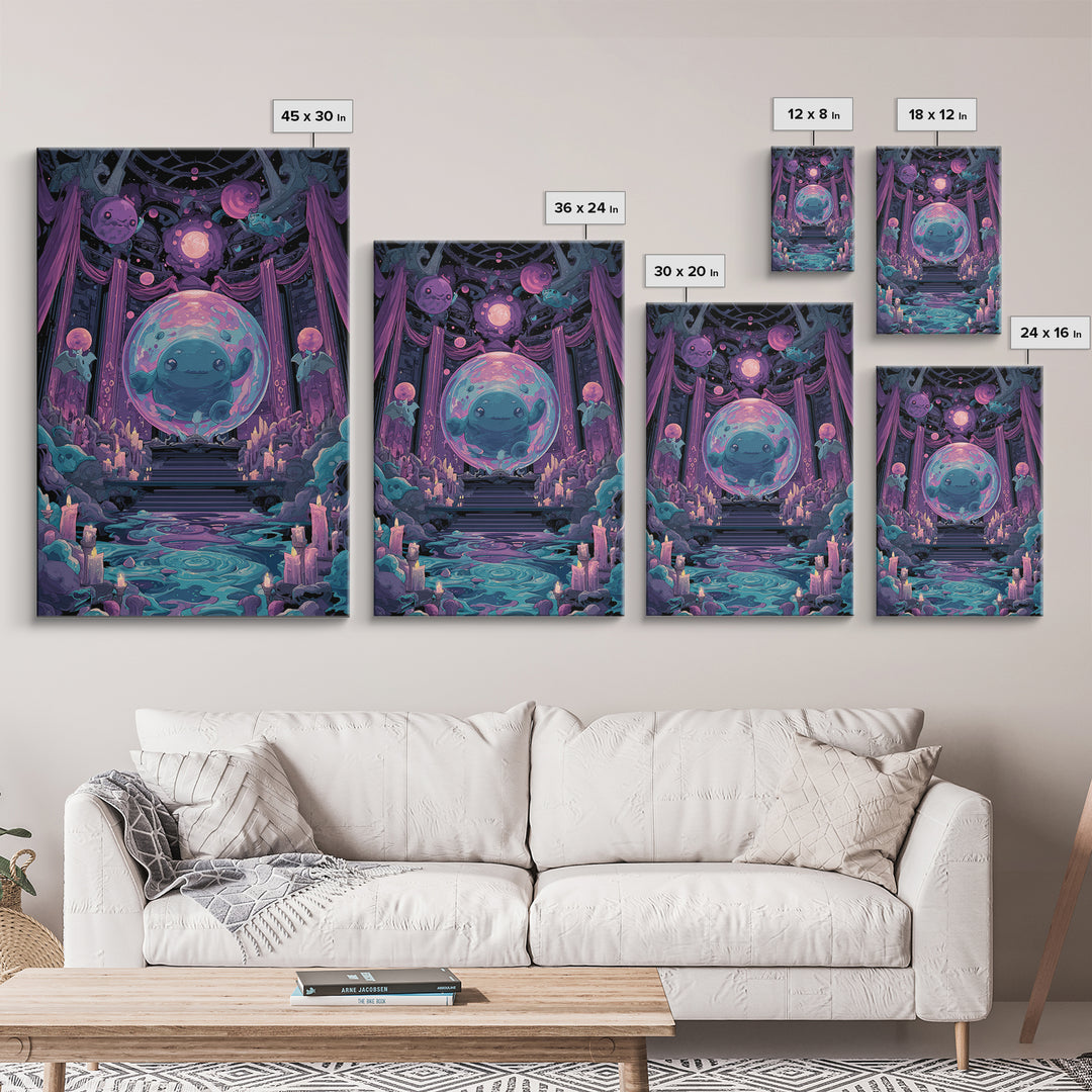The Oracle Of The Glass Depths, Cute Eldritch Neon Art, Vertical Wall Art, Canvas Print, Retro Halloween Decor, Neon Wall Art