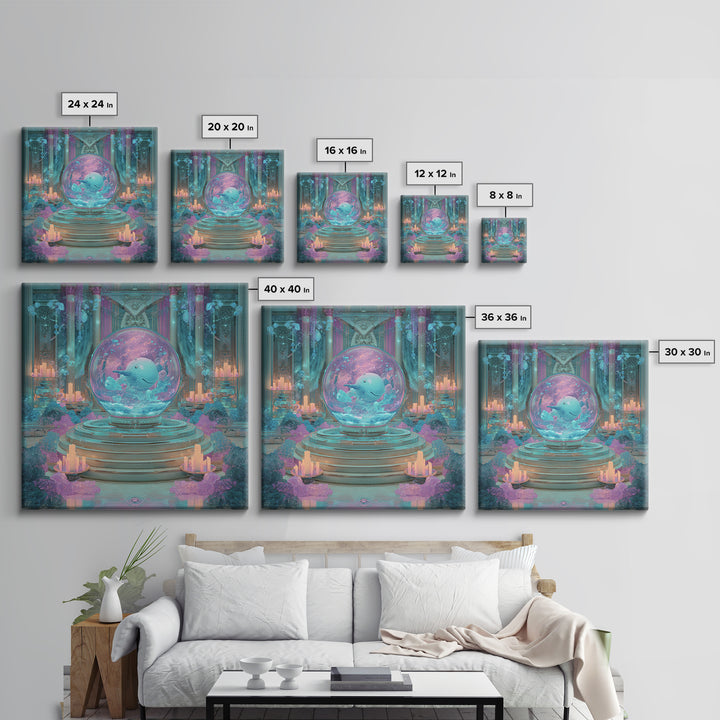 The Oracle Of The Glass Depths, Synthwave Halloween Art, Square Wall Art, Framed Canvas Print, Retro Halloween Decor, Neon Wall Art