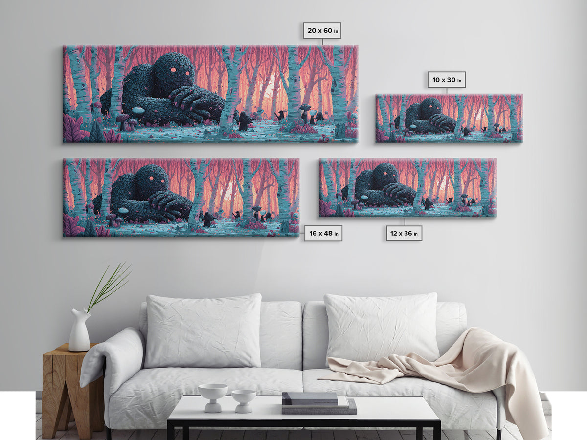 The Sleeper In The Birch Grove, Cosmic Synthwave Horror, Extra Wide Wall Art, Canvas Print, Retro Halloween Decor, Neon Wall Art