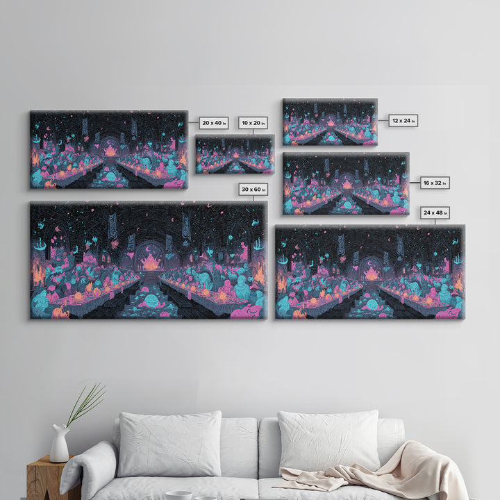 The Feast Of The Pale Cult, Synthwave Halloween Art, Wide Panoramic Art, Canvas Print, Retro Halloween Decor, Neon Wall Art