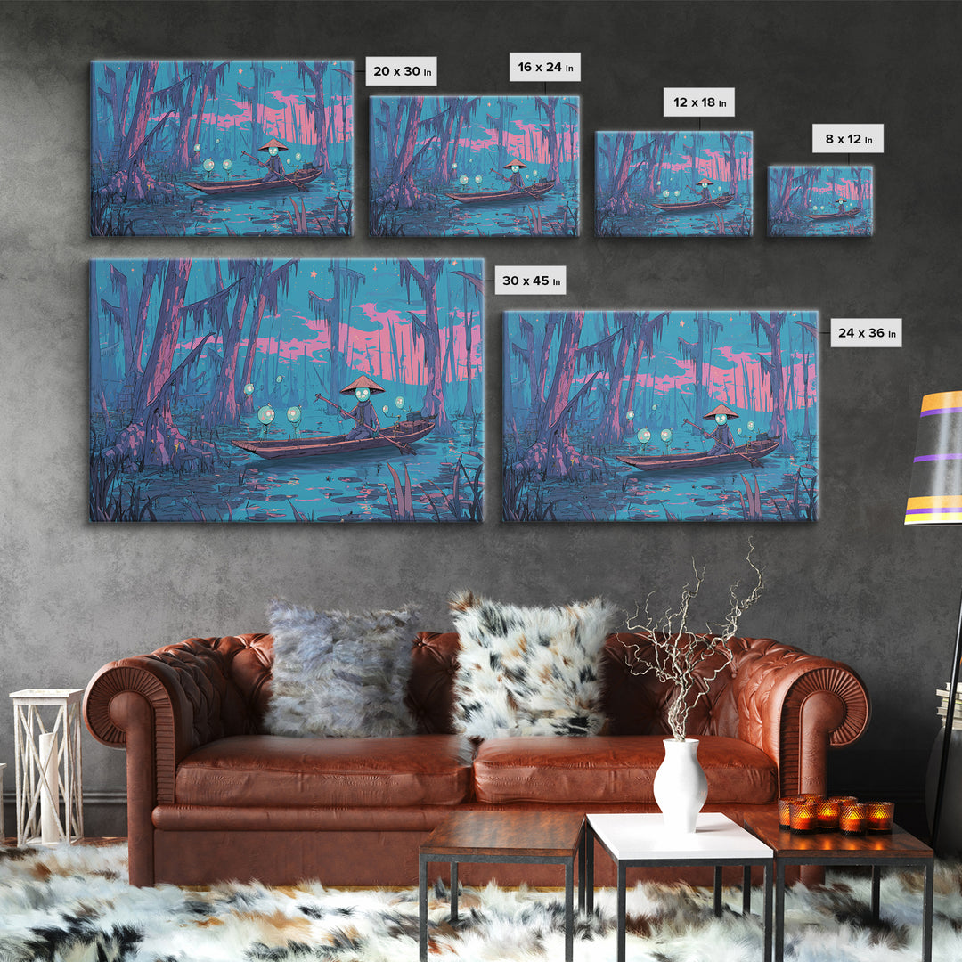 The Ferryman Of The Outer Marsh, Synthwave Halloween Art, Landscape Wall Art, Framed Canvas Print, Retro Halloween Decor, Neon Wall Art