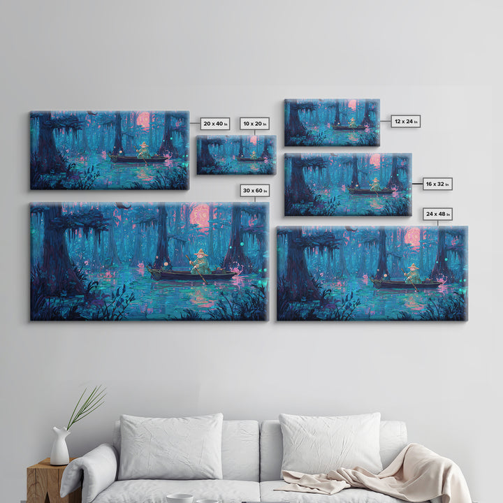 The Ferryman Of The Outer Marsh, 80s Halloween Wall Art, Wide Panoramic Art, Canvas Print, Retro Halloween Decor, Neon Wall Art