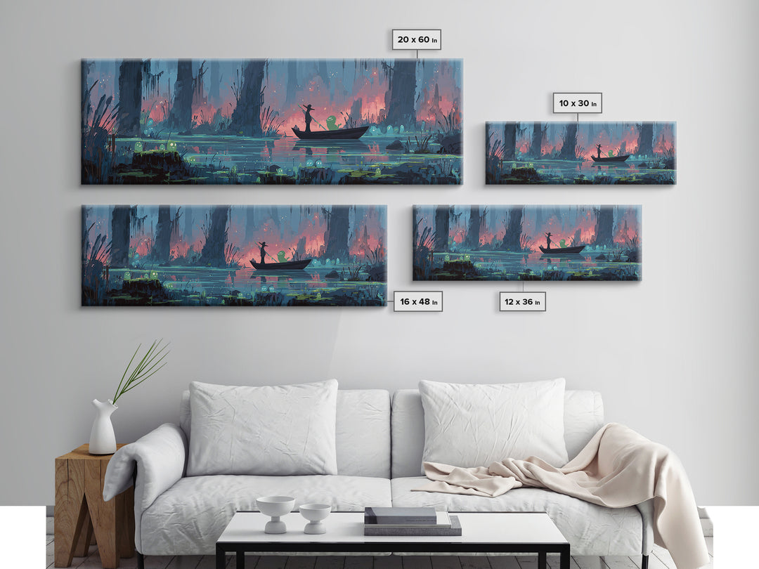 The Ferryman Of The Outer Marsh, Synthwave Halloween Art, Extra Wide Wall Art, Canvas Print, Retro Halloween Decor, Neon Wall Art