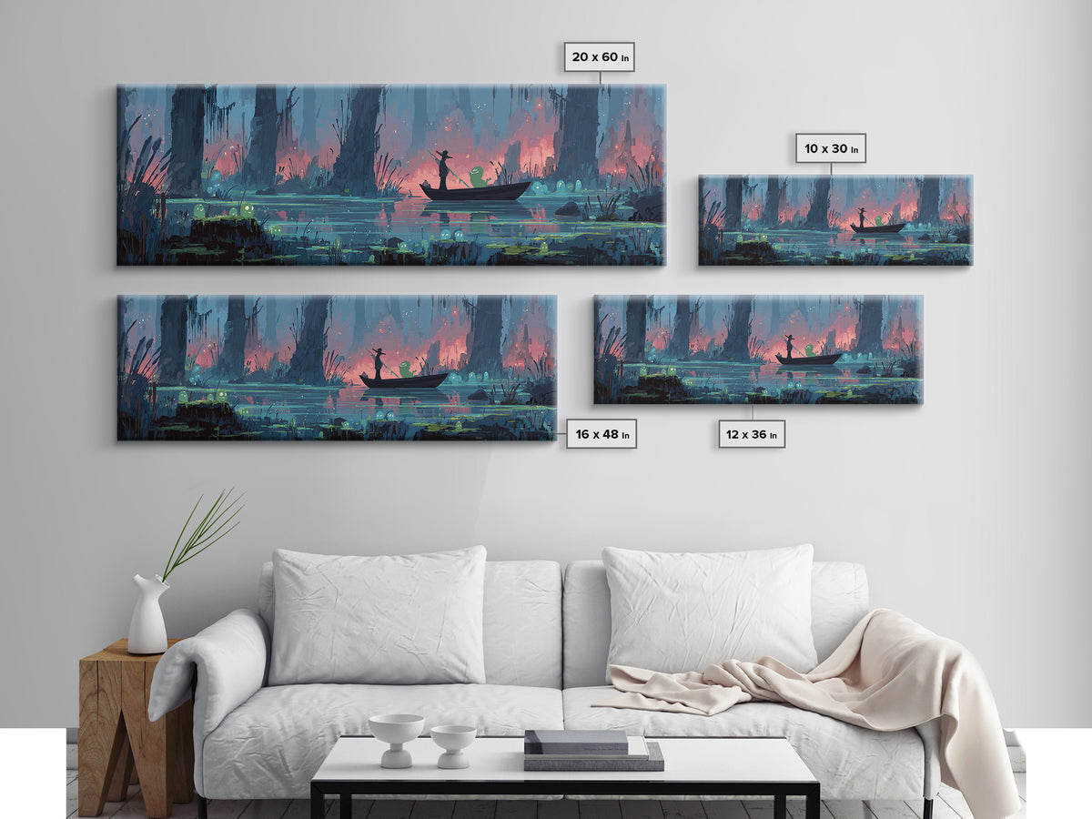 The Ferryman Of The Outer Marsh, Synthwave Halloween Art, Extra Wide Wall Art, Canvas Print, Retro Halloween Decor, Neon Wall Art
